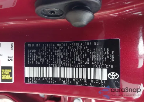 2024 Toyota Corolla Le from USA, damaged, VIN 5YFB4MDE5RP144141